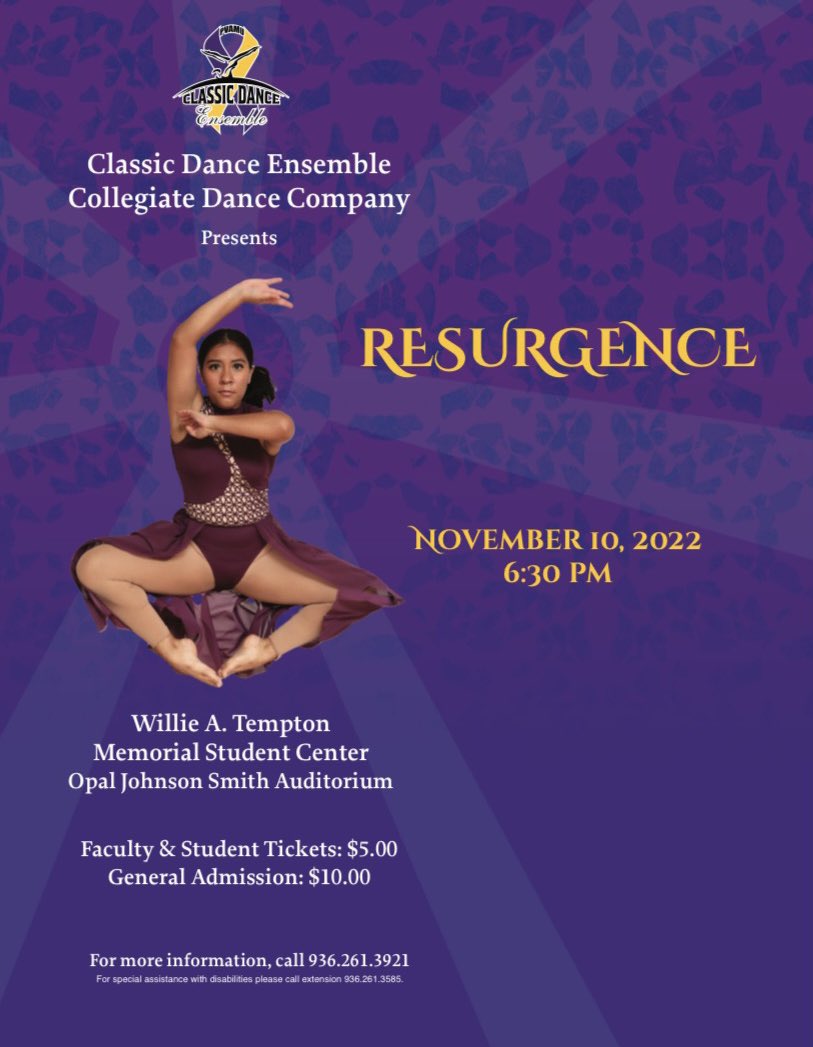 classicdancecde's tweet photo. After some time away… 
Classic Dance Ensemble Presents: Resurgence, come out November 10, 2022 at 6:30pm located at the MSC to see what we are all about. It is a show you do not wanna miss !! 💜
Student &amp; Faculty tickets: $5 
General Admission tickets: $10 https://t.co/jLGCHRgRXo