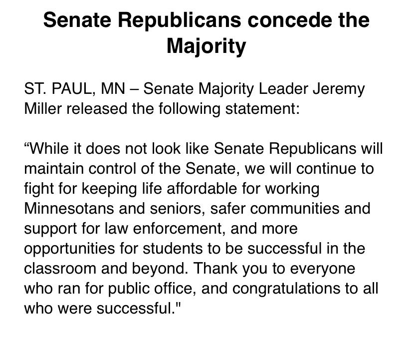 MN Senate Republican leader has conceded that chamber. #mnleg looks to be full DFL. (Wow)