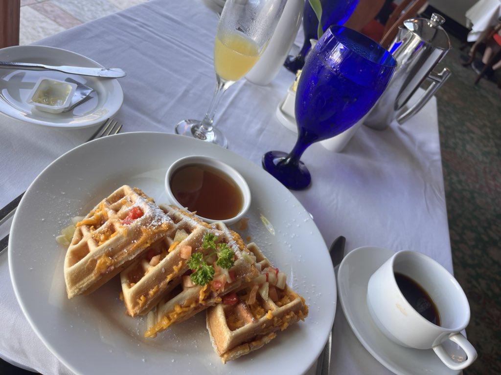 Stuffed waffle with bourbon maple syrup, blue mountain coffee and a Mimosa is a civilized way to meet the Jamaican day. #sandalsroyalplantation #sandals #Jamaica