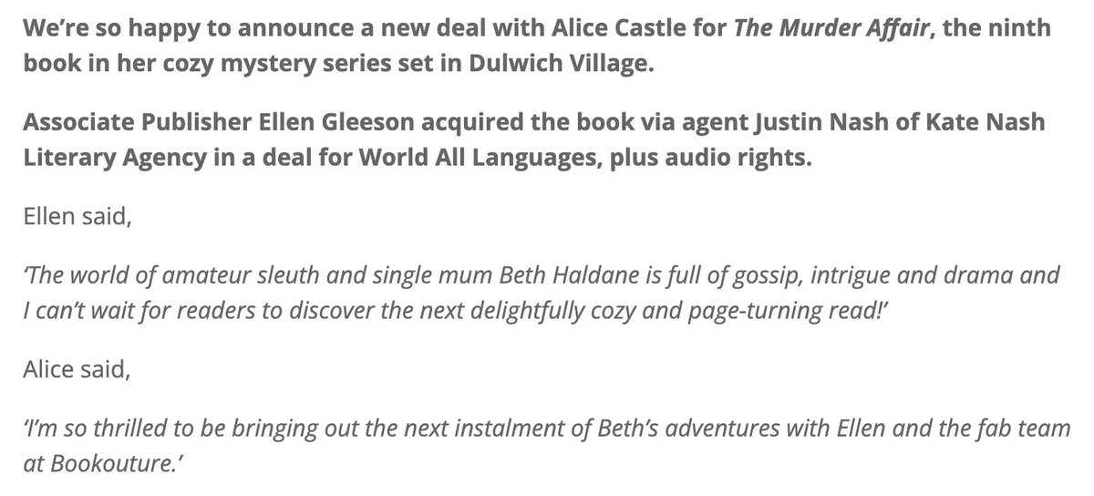 Deal news 🎉

Brand new deal for @AliceMCastle with @bookouture: THE MURDER AFFAIR, continuing the successful #BethHaldane cozy mystery series

Acquiring editor: @ellengleeson 
Agent: @JustinNashLit 

>>> bookouture.com/2022/11/08/boo…