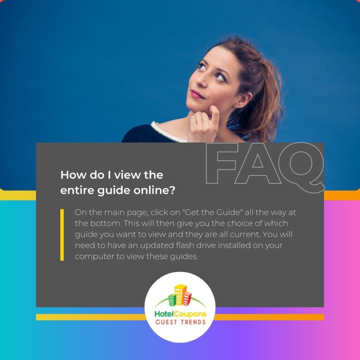 HotelCoupons's tweet photo. Frequently Asked Questions:
How do I view the entire guide online?

For more FAQs visit: https://t.co/nMOmNaUp3F
#HotelCoupons #GuestTrends https://t.co/Kzf7wlXE7P