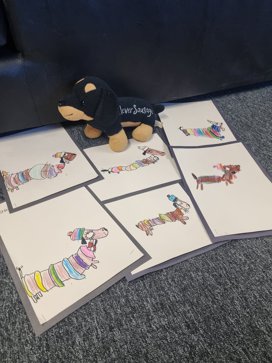 MsDonaldsonCPS's tweet photo. Cosy Corner has a very special mascot called Clever Sausage! 🐶 We loved the story Odd Dog Out as it reminded us of him. We watched the @RobBiddulph tutorial on how to draw a sausage dog. We hope you like them! ❤️#drawwithrob https://t.co/Ik3tUi4odk