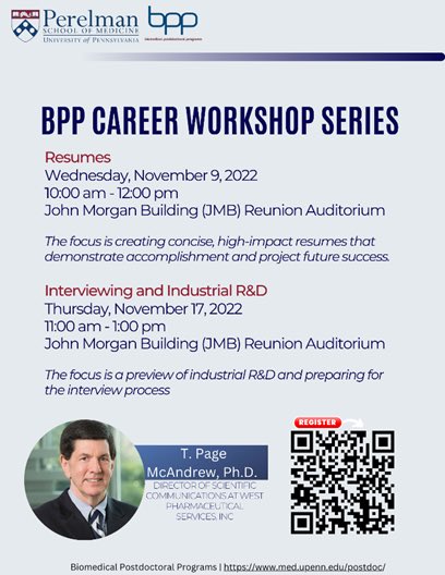 PennPPA's tweet photo. Hi #PennPostdocs!
Join in today’s @PennBPP Event:
“Resumes” at 10am-12pm in JMB Reunion Auditorium (In-Person ONLY)
#Career #Industry #RnD https://t.co/xNmL51Uh0n