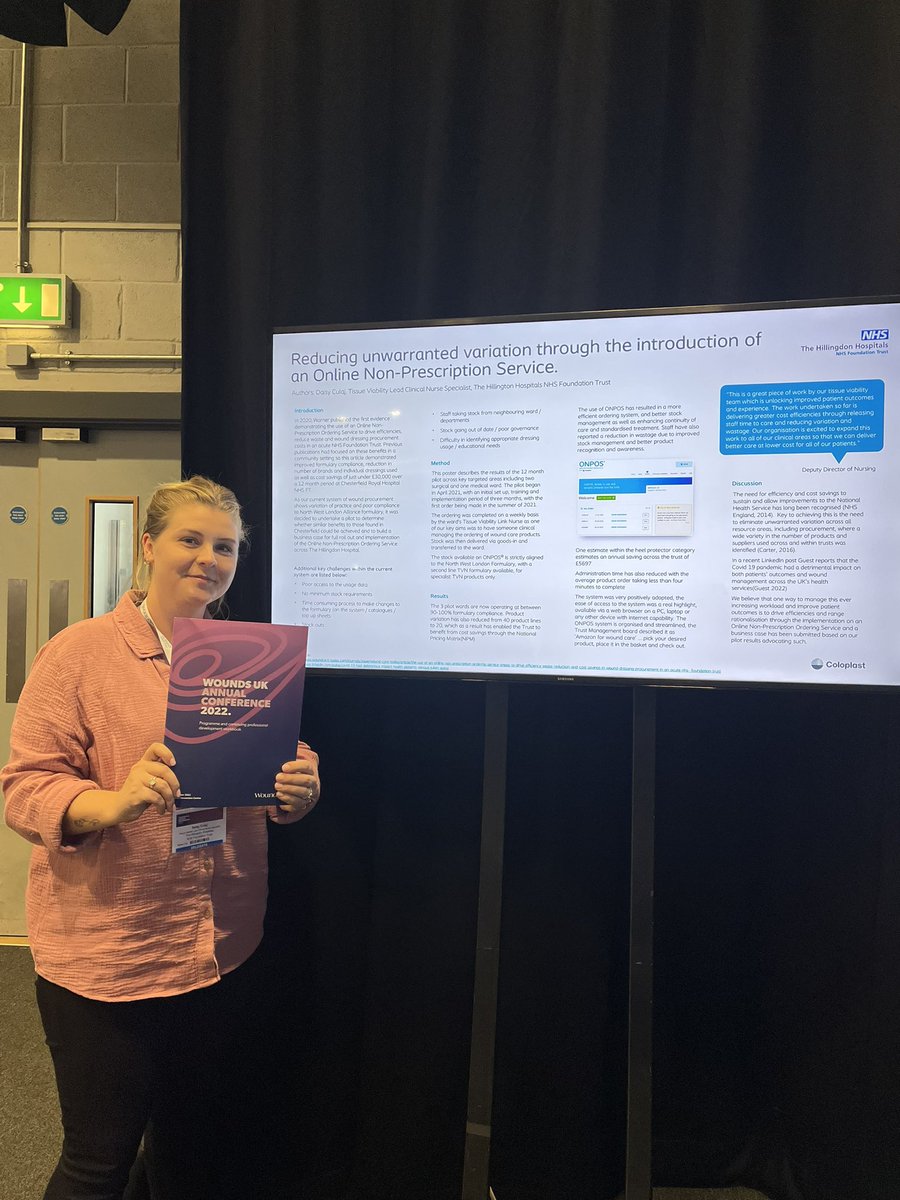 helenstewart30's tweet photo. A great few days @Wounds_UK conference this week, so proud to see all the work Daisy lead TVN has put into her poster for submission on ONPOS implementation. Great representation for @HillingdonNHSFT @ec_symes #woundsuk22 #patientsafety #qualitycare https://t.co/nnMkWGpsFA