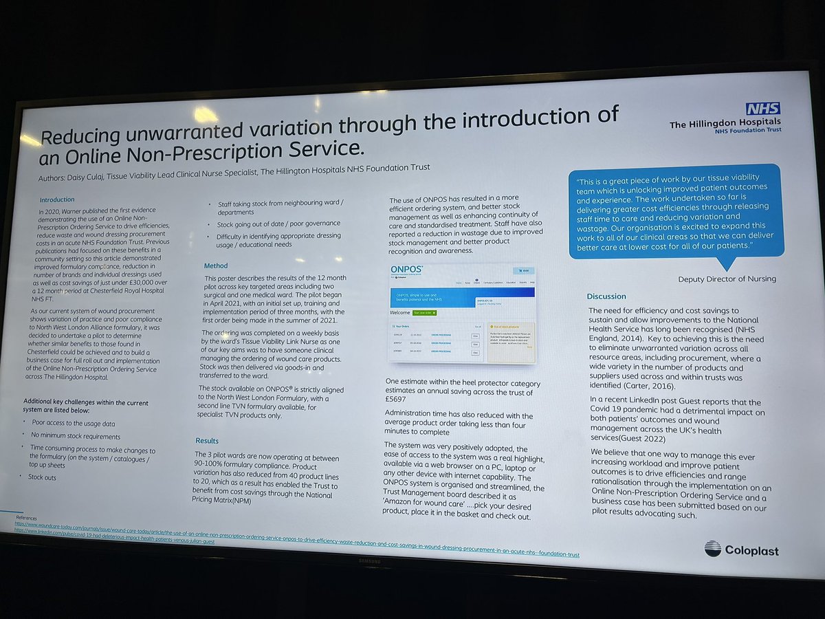 helenstewart30's tweet photo. A great few days @Wounds_UK conference this week, so proud to see all the work Daisy lead TVN has put into her poster for submission on ONPOS implementation. Great representation for @HillingdonNHSFT @ec_symes #woundsuk22 #patientsafety #qualitycare https://t.co/nnMkWGpsFA