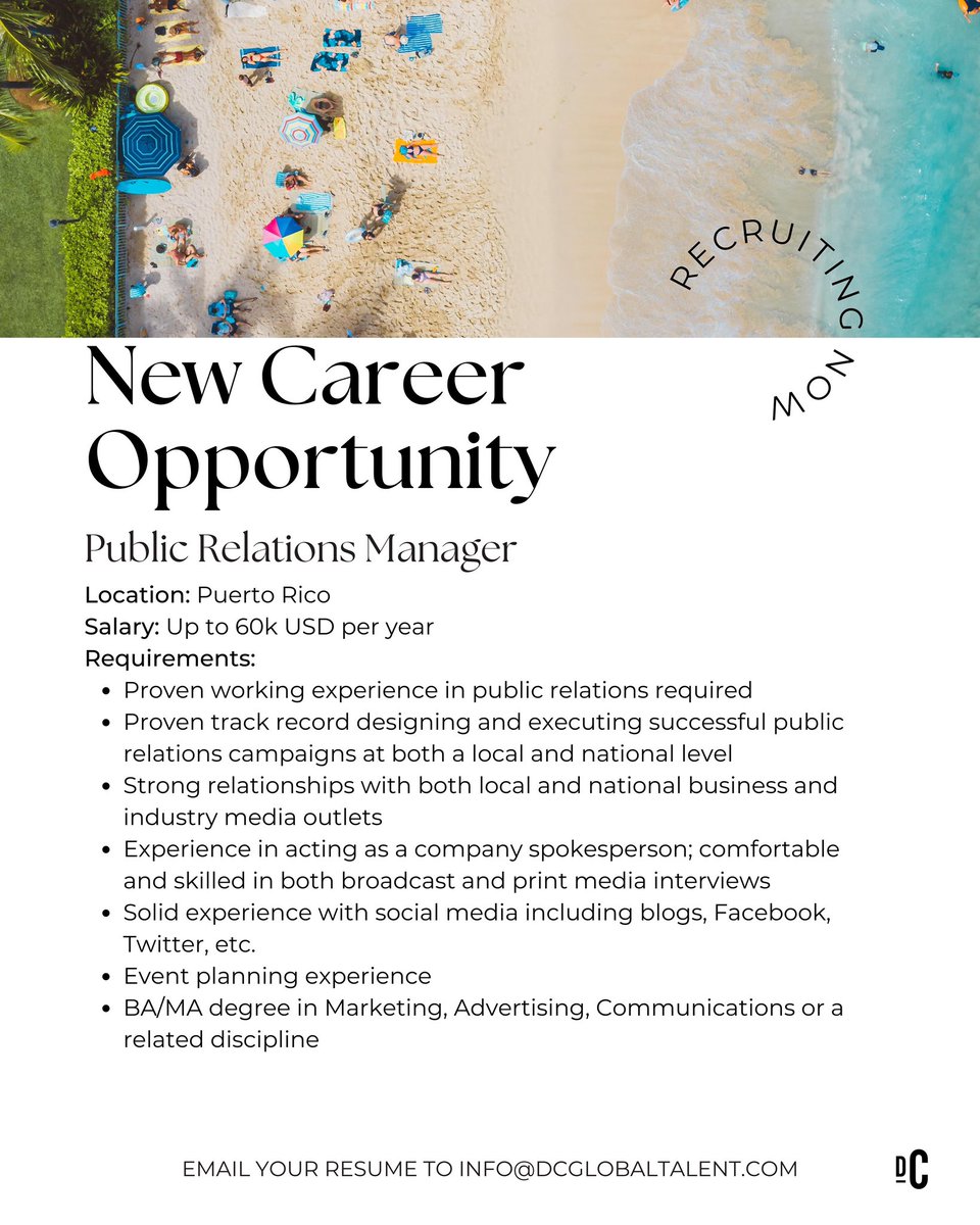 dcglobaltalent's tweet photo. Career Opportunity - Public Relations Manager

✉️Please send your resume to info@dcglobaltalent.com or visit our website https://t.co/bHRkgfAbGu  for the full job description. 

#publicrelationsmanager #newcareeropportunity #newjobalert #hospitalityjobs #puertorico #recruiting https://t.co/mF2ixEoUs5