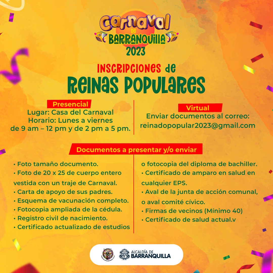 ReinaPopularBaq's tweet photo. ¡Deja en alto el nombre de tu barrio en el #ReinadoPopular2023!
Inscríbete 💃🏻 te esperamos con las puertas abiertas para gozar el #Carnaval2023 Como Es!
📍Entrega tus documentos en:
🎉Casa del Carnaval: Cra. 54 #49B - 39
📩Envía por correo: reinadopopular2023@gmail.com https://t.co/Us94NVtT23
