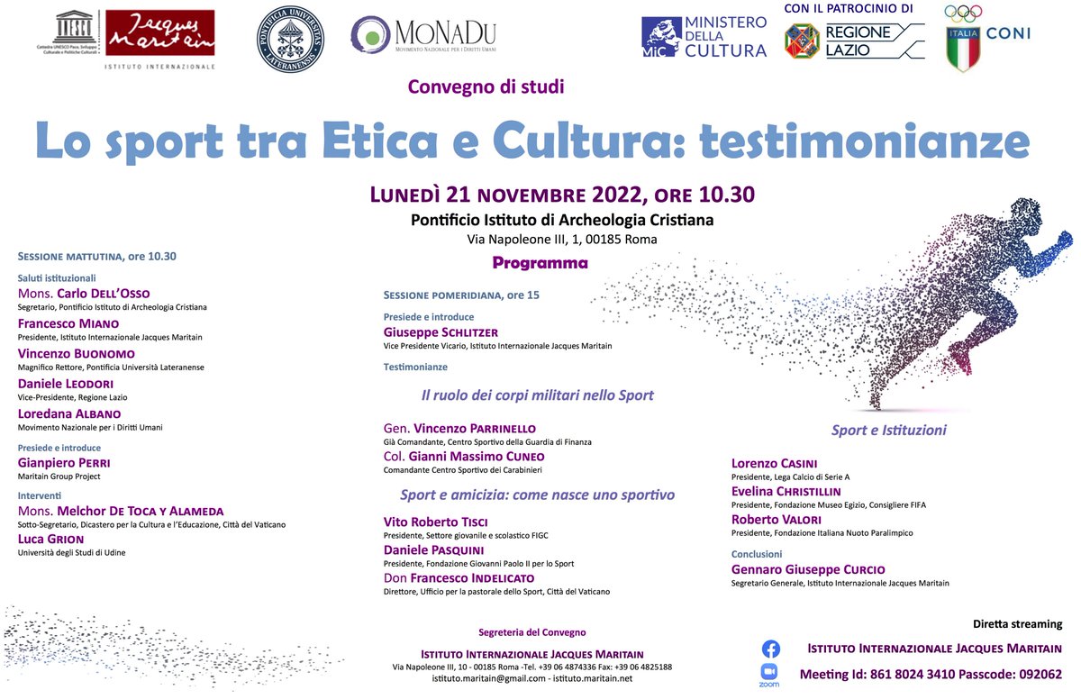 📌 Lo sport tra Etica e Cultura: testimonianze
🗓️ 21 novembre ore 10:30
🙌 <a href="/JacquesMaritai1/">IIJM</a>
Il Presidente Daniele Pasquini interverrà nella sessione pomeridiana (ore 15) “Sport e amicizia: come nasce uno sportivo”
