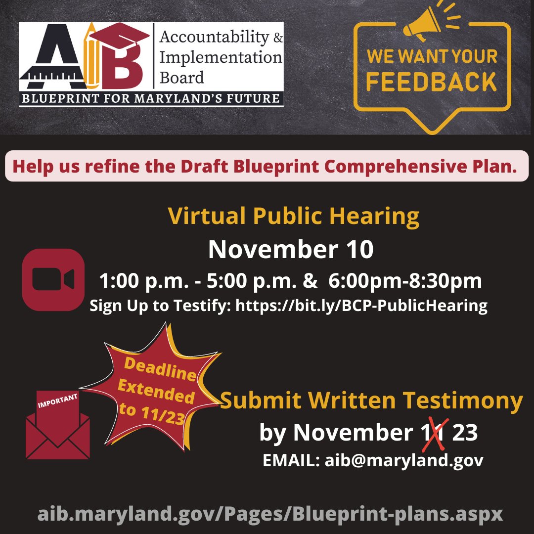 Deadline for Written Testimony Extended: The AIB has extended the deadline to November 23, 2022 to provide stakeholders additional time to review the Draft Comprehensive Blueprint Plan.   PS-- There's still time to sign up to speak at the Public Hearing tomorrow.