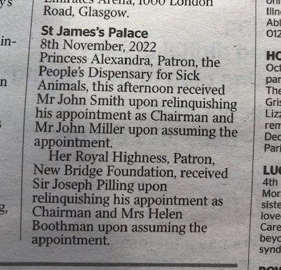 new_bridge's tweet image. Thrilled to see @thetimes note our Chair&apos;s reception at St James&apos;s Palace by our patron, HRH Princess Alexandra - especially during #Trusteesweek when we say an enormous thank you to all of our Board for their continued support and guidance. 
#volunteer #trusteesweek2022 #prisons