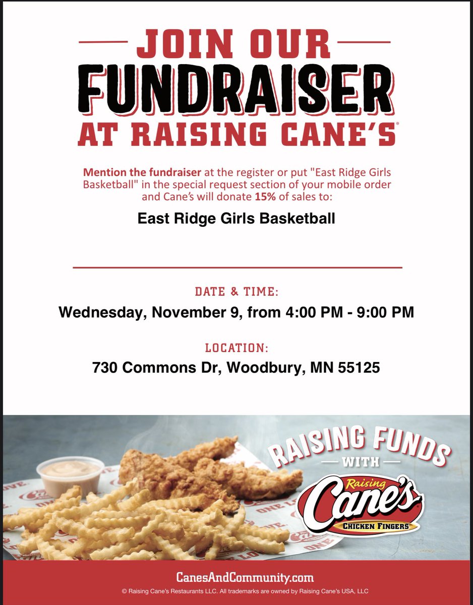🌟Good luck to our Raptor Volleyball team today! After the game make sure to stop by Canes for dinner to help support the Girls Basketball Program and at the register say “East Ridge Girls Basketball”, Thank you for all of your support!