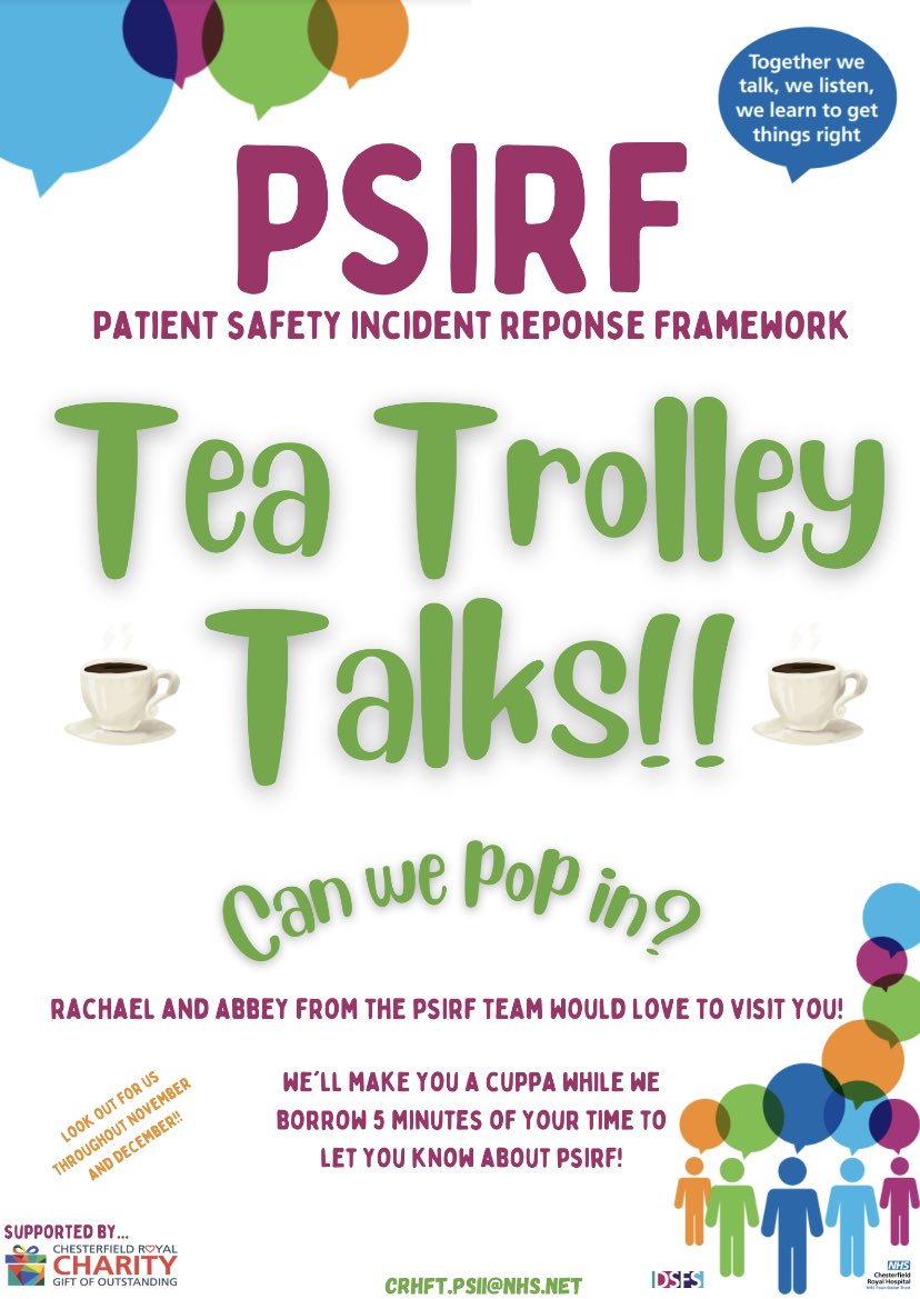 Please look out for Rachael and Abby on their patient safety tea trolley talks <a href="/royalhospital/">Chesterfield Royal Hospital NHS FT</a> <a href="/KrishnaKallian1/">Krishna Kallianpur</a> <a href="/sarahward2015/">SarahWard</a> @andrea_staley @rachywhyman
