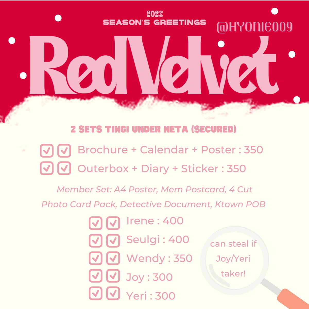 hyonie009's tweet photo. wts lfb ph sg tingi || NETA #hyoniesells

Red Velvet Season's Greetings 2023
🌷DOP: 150/item downpayment PAYO, bal once onhand

mine to claim!

🌷 irene seulgi wendy joy yer diary desk calendar photocard pc pob ktown postcard photo set brochure seulrene wenrene joyrene yenrene https://t.co/B43FVAOIt1