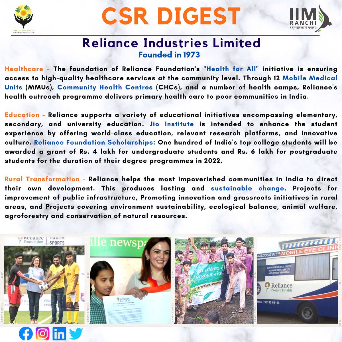 Reliance Industries Limited is committed to helping society by creating value and contributing to the development of sustainable communities.

Samarpan acknowledges and appreciates the value systems and the relentless efforts put up by <a href="/ril_foundation/">Reliance Foundation</a> 
#CSR #socialimpact