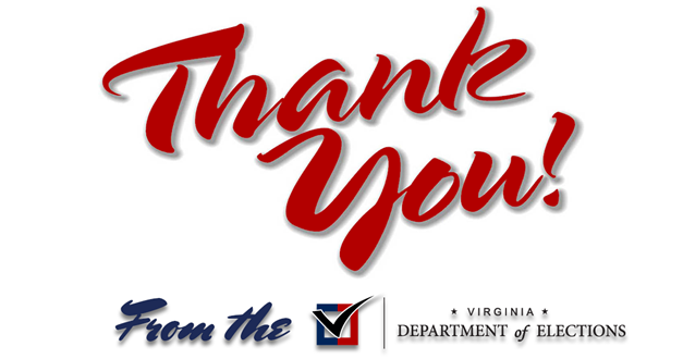 vaELECT's tweet photo. A big THANK YOU to local election officials and the thousands of election officers and volunteers who worked and continue to work to ensure a safe and successful election across the commonwealth. #VAisForVoters https://t.co/0wje8IMQ1Z