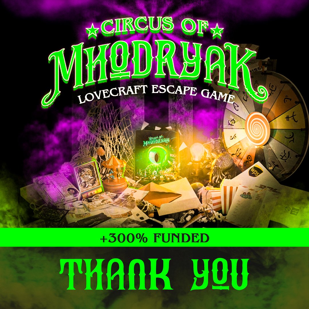 🥳🎉With your support we have managed to triple our goal! +300% Thanks to all of you for making this project possible!🎉🥳 #thankyou #Boardgames #Kickstarter #Kickstartergame #EscapeRoom #EscapeGame #Cthulhu #Horror #Terror #Circus