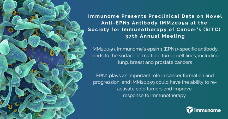 We look forward to presenting results at #SITC22. Our poster is focused on IMM20059, an #antibody that binds epsin-1 (EPN1), a novel target in the membrane dynamics/exosome target class which inhibits tumor growth. Press release here: bit.ly/3Tgi4Vi #Exosome101