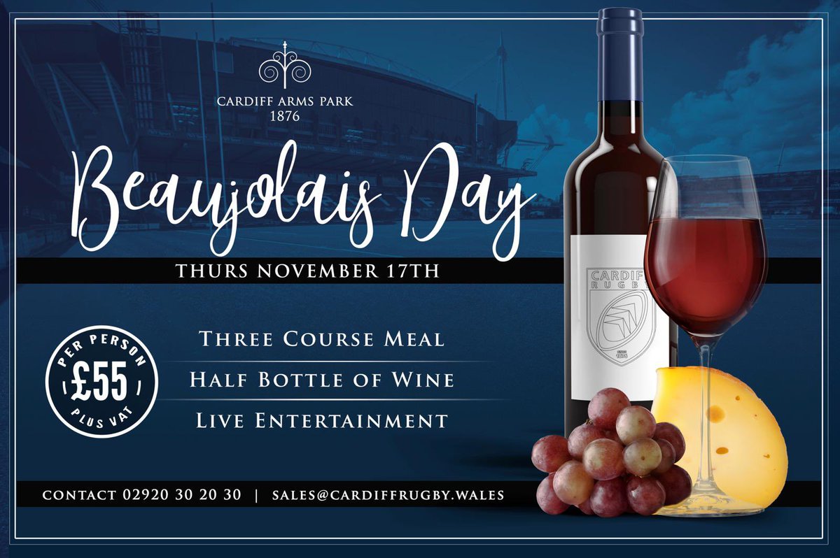 No Beaujolais Day plans yet? 

Join us at the Arms Park from 12:30pm for some nice food, wine tasting and of course to sample some 2022 Beaujolais Nouveau! 

sales@cardiffrugby.wales to book! 

🔵⚫️🍷🏉