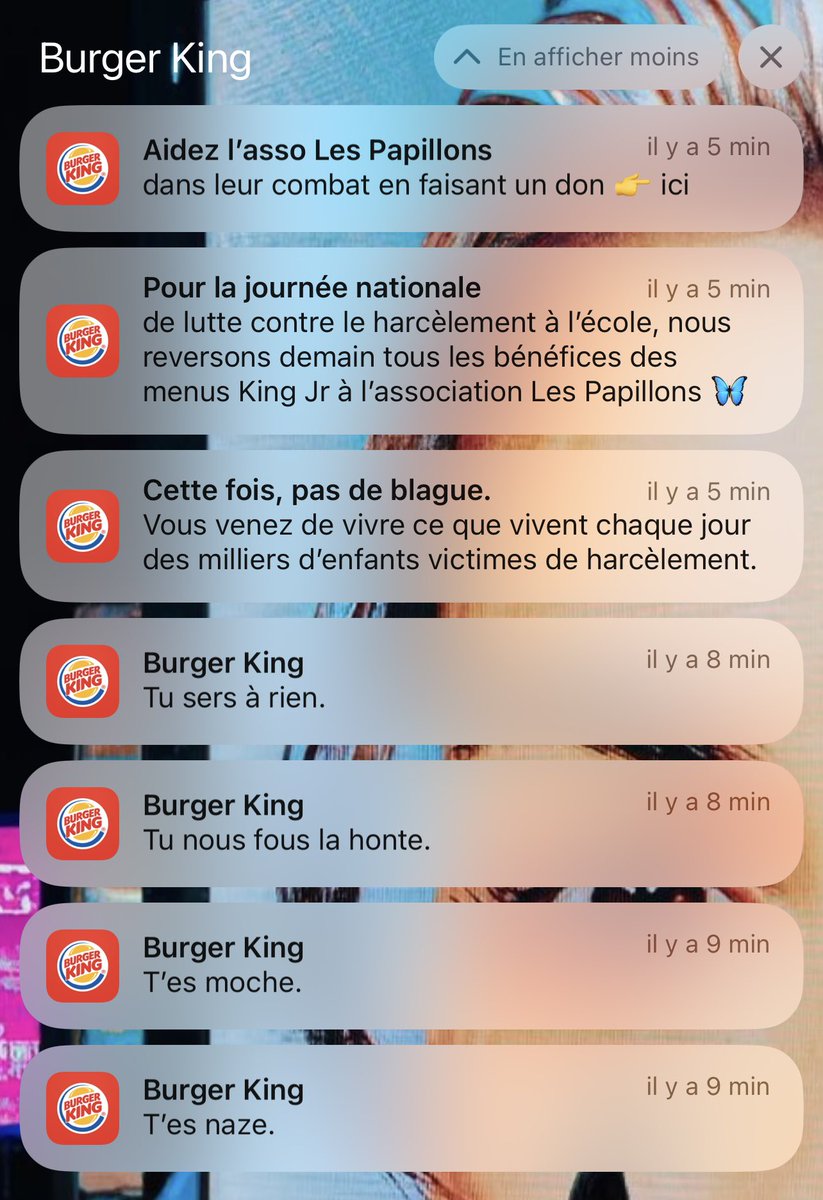 sianagoat's tweet photo. Le coup de com de Burger King est catastrophique. Une grande équipe comme ça, personne c’est dit que c’est une idée de merde d’envoyer des messages comme ça à d’ancienne victime de harcèlement ? À des personnes pas stable émotionnellement ? https://t.co/VkNm0NYRfA