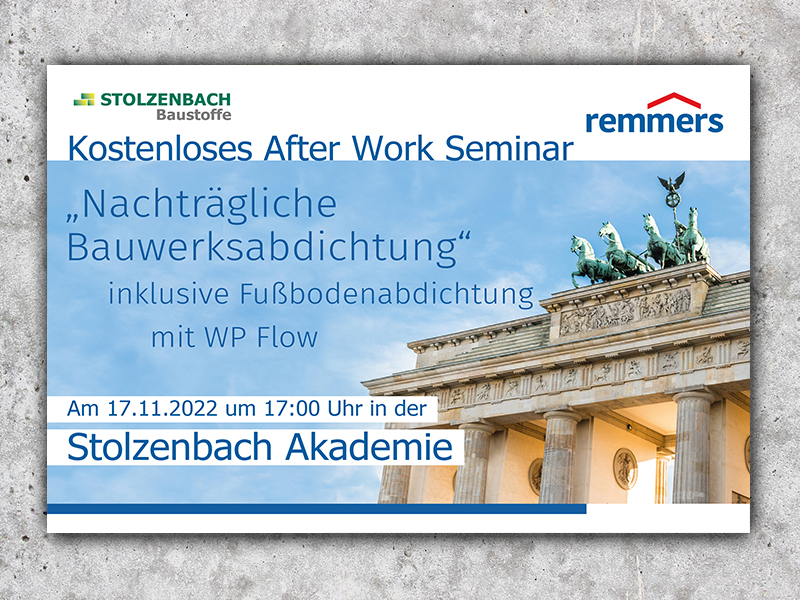 💚💛 After-Work Handwerker-Seminar!

Thema: Nachträgliche Bauwerksabdichtung mit remmers am 17.11.2022 

▶️ Theorie
▶️ Ausgangssituation
▶️ Grundlagen
▶️ Horizontalsperre mit Kiesol C+ 
uvm.