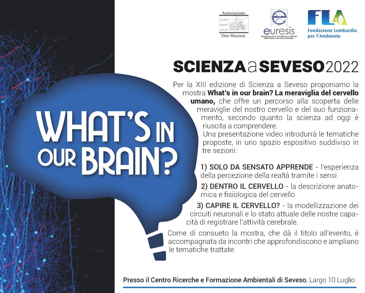 SCIENZA A SEVESO - What’s in our brain? La meraviglia del cervello umano 
21-26 novembre, Centro Ricerche e Formazione Ambientali #Seveso.
Una mostra e incontri serali gratuiti promossi da #FLA Euresis e Centro Culturale don Mezzera. 
Info e prenotazioni: flabs.it/eventi/