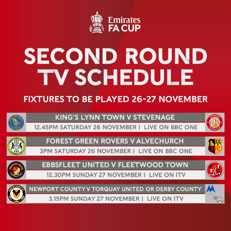 EmiratesFACup's tweet photo. The #EmiratesFACup second round proper TV picks have been selected! 📺

Which games will you be watching? 👀