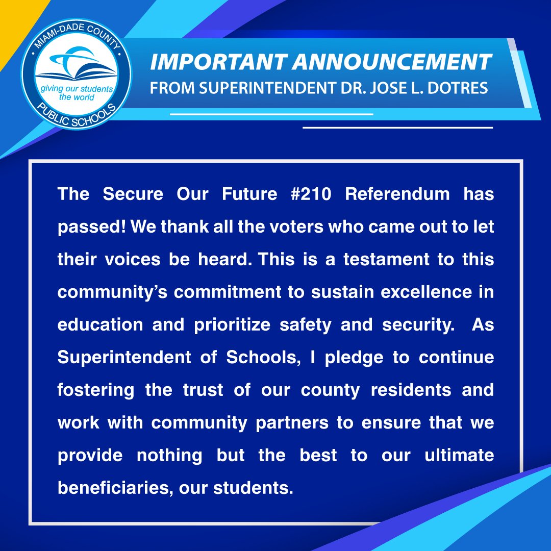 Jose L. Dotres, Ed.D. (@suptdotres) on Twitter photo Eternally grateful to our community for continuing to invest in people who are shaping the future at <a href="/MDCPS/">Miami-Dade Schools</a>. Thank you! #SecureOurFuture Eternally grateful to our community for continuing to invest in people who are shaping the future at <a href="/MDCPS/">Miami-Dade Schools</a>. Thank you! #SecureOurFuture