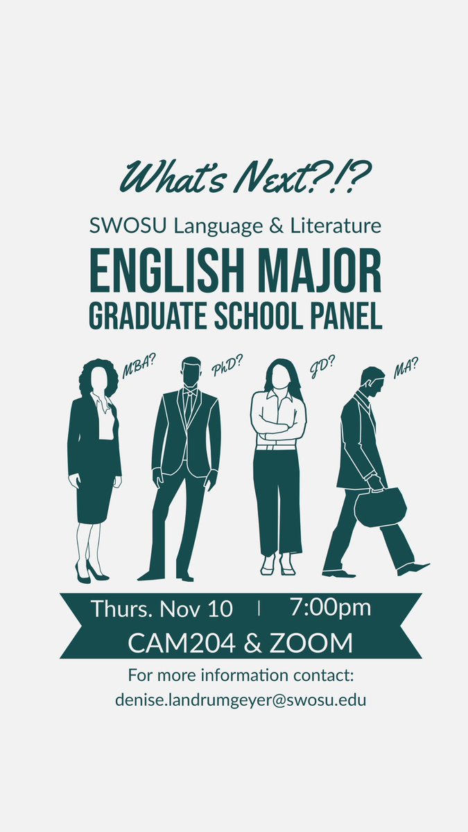 SWOSU_Lang_Lit's tweet photo. Attn English Majors! The SWOSU Language &amp; Literature department will be hosting a panel for English majors interested in graduate school programs and professional programs on Thursday, Nov. 10 @ 7pm in CAM 204. A Zoom option will also be available. #swosu #swosulanglit https://t.co/HkkzkLDJsg