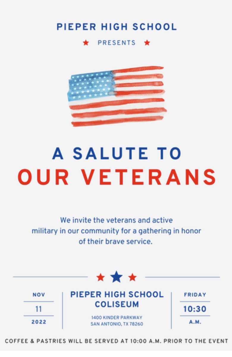 Info on our Veterans Day ceremony 🇺🇸<a href="/PieperPrincipal/">Jaime Alvarez-Calderon</a> <a href="/pieperptsa/">Pieper HS PTSA</a> <a href="/PHS_MentalWell/">Pieper HS Mental Wellness</a> <a href="/PieperHS/">Pieper High School</a> <a href="/DrChapmanCISD/">Dr. John E. Chapman III - Comal ISD Superintendent</a>