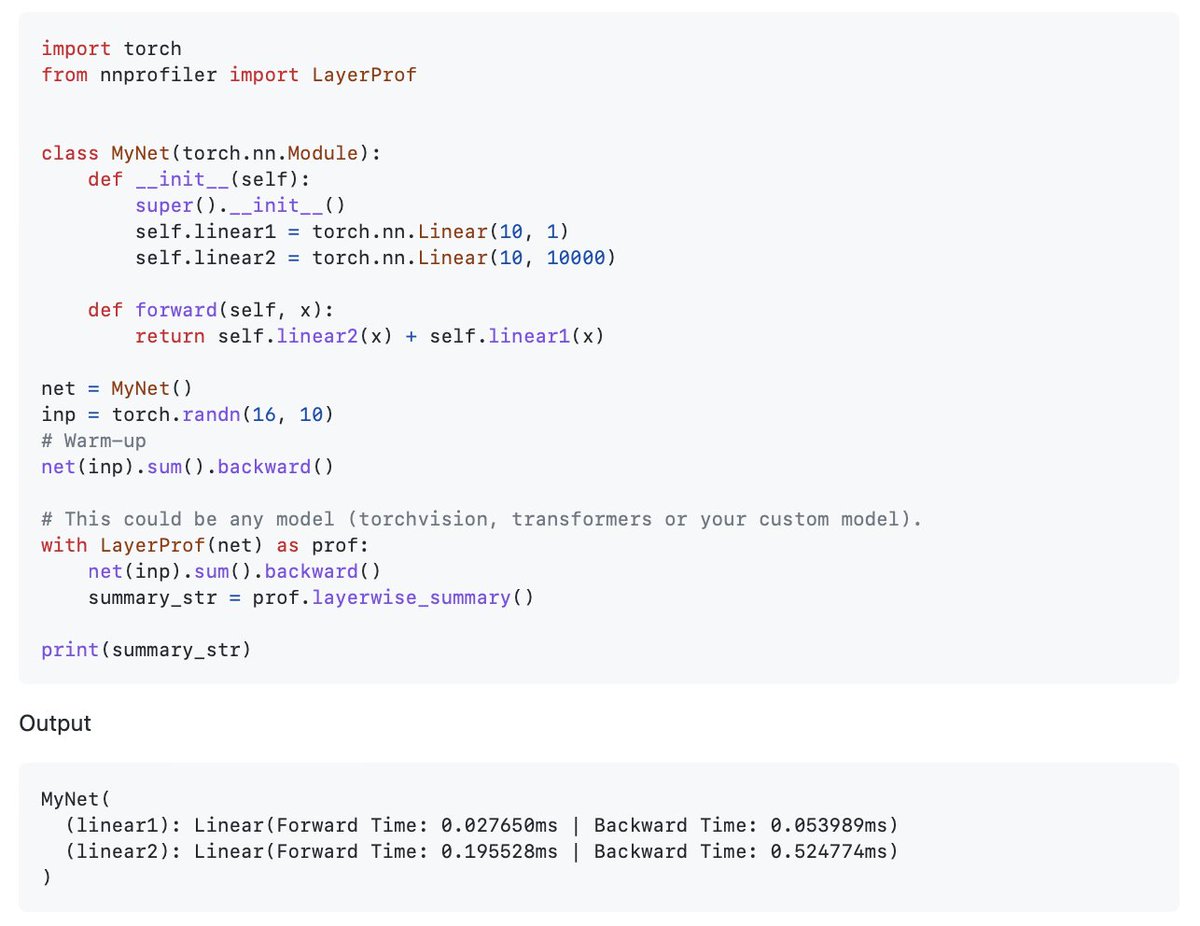 rasbt's tweet photo. Are you profiling your deep learning code to find performance bottlenecks? If yes, what are your go-to tools?

1) official PyTorch Profile, operator-call level: https://t.co/J7DjfMJwzf

2) a new, helpful community project for profiling at the layer level: https://t.co/JDNy7M4hKj https://t.co/Uf49GcMvvO