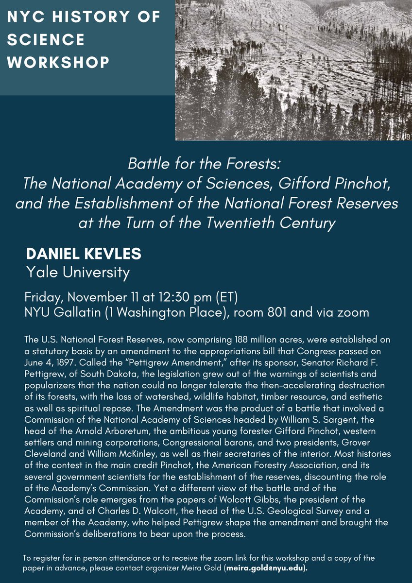 NYC_HoS's tweet photo. This Friday lunchtime @KevlesDan joins us to workshop his paper on the @theNASciences and the National Forest Reserves at the turn of the 20th century. Msg for details to join! #histSTM 🌳🌳🌳 https://t.co/eyrO10FJ8e