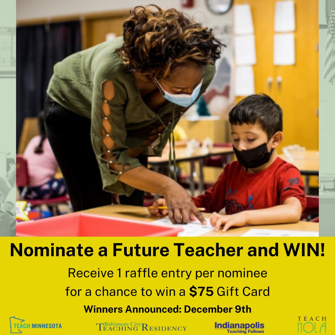 We believe that talented people become great teachers. That’s why we need your help. Know someone in your network who would make a great teacher? Nominate them by following the link and be entered into a raffle to win a $75 gift card! bit.ly/3NG01GV