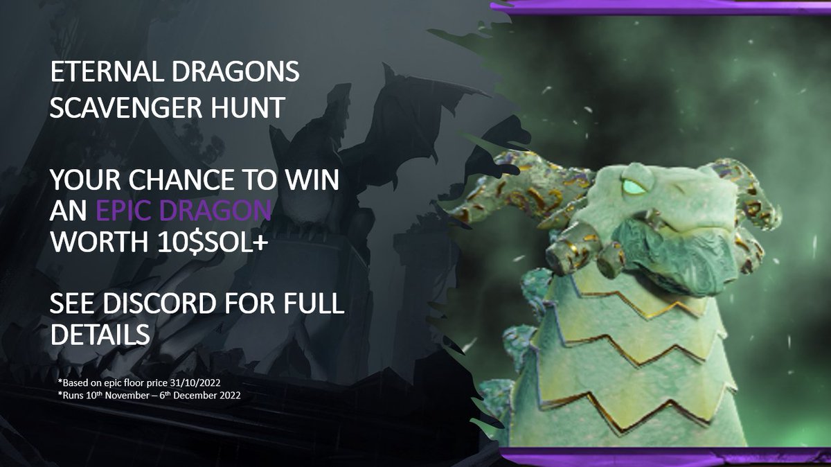 eternaldragons's tweet image. 🏴‍☠️ Eternal Dragons Scavenger Hunt 🏴‍☠️

Tomorrow sees the start of our first ever scavenger hunt, with an Epic Dragon worth over 10 $SOL up for grabs 🐉

Head over to Discord and check out the #EternalDragonsHunt 🐲
➡️ discord.com/channels/95047…

Then tag a friend to join in the fun!