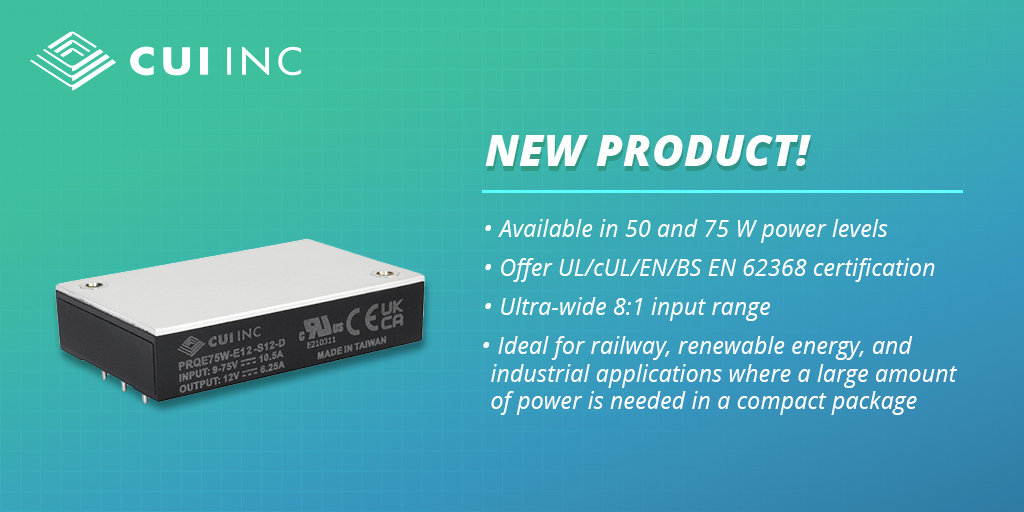 CUIInc's tweet image. CUI introduced a new pair of fully encapsulated, dc-dc converters available in 50 W and 75 W power levels. The PRQE50W-D and PRQE75W-D series offer UL/cUL/EN/BS EN 62368 certification and ultra-wide 8:1 input range.

Learn more: bit.ly/3Vg9AQc