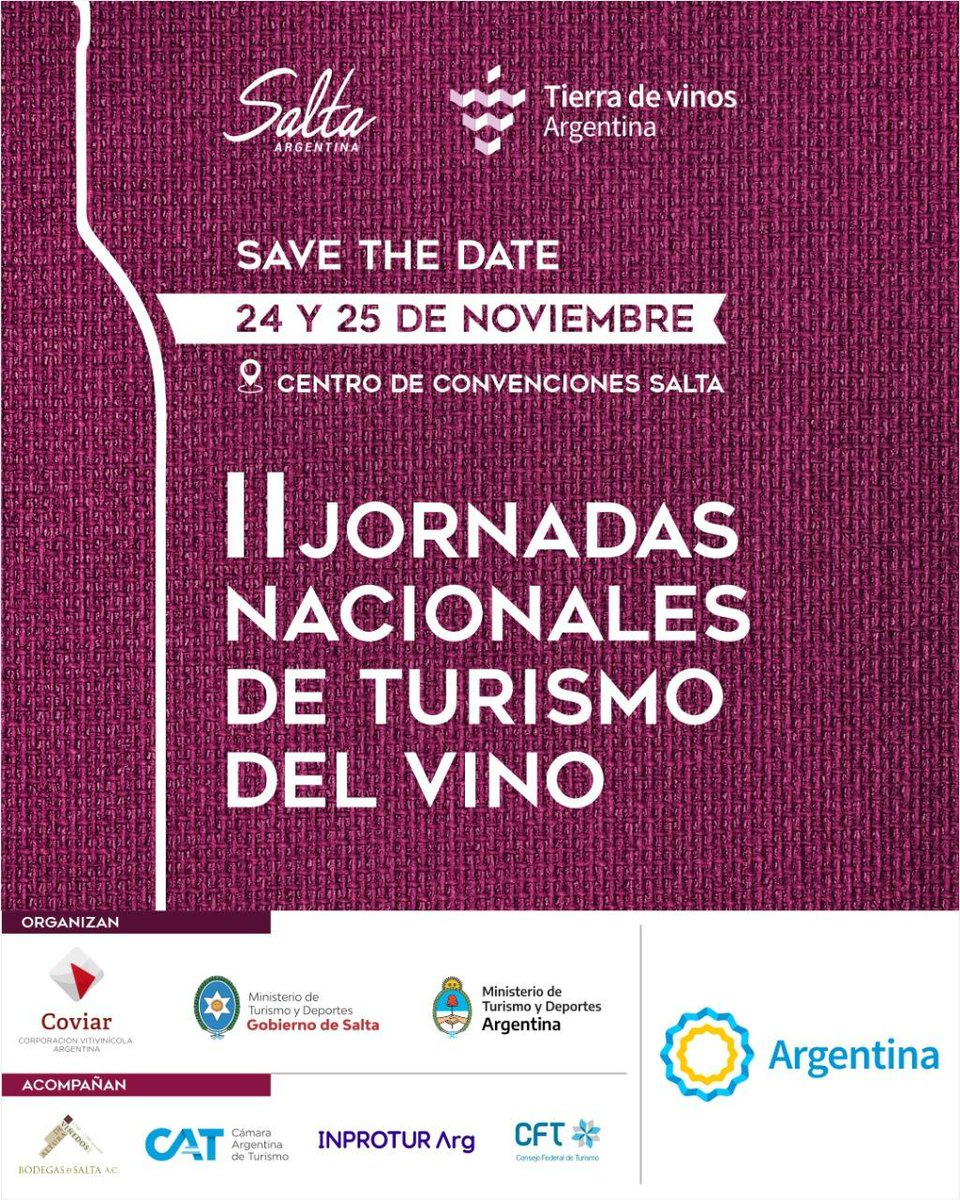 COVIAR1's tweet photo. LOS INVITAMOS A PARTICIPAR DE LA II JORNADAS NACIONALES DE TURISMO DEL VINO

Junto al @TurDepAR  y @TurDepSalta, los invitamos a participar de la Segundas Jornadas Nacionales del Turismo del Vino 🍷🍇🇦🇷 https://t.co/mWemX0v4aF