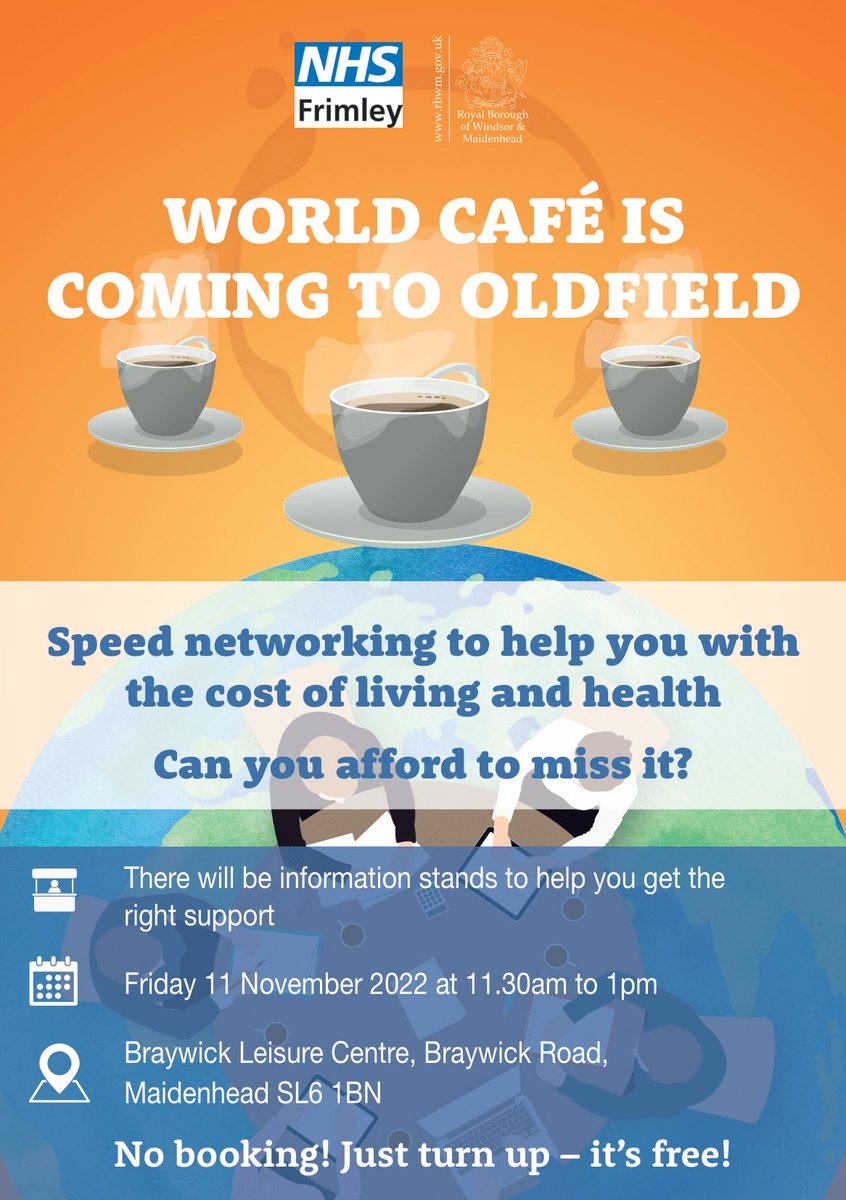 We welcome this Friday 👇
An informal networking event where residents can have open conversations about what matters most to them, access relevant support and mingle with other residents/groups. For more information visit the link below 👇 
rbwmtogether.rbwm.gov.uk/world-cafes