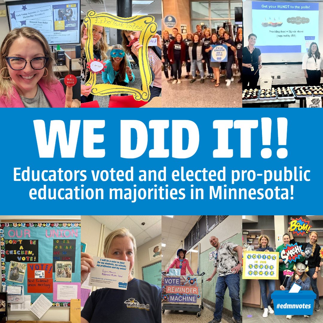 Educators knocked doors. We made calls. We talked to colleagues, friends and family.

WE DID THE WORK. Now we look forward to working with these new majorities to fully fund our public schools! #mnleg #mngov #edmnvotes