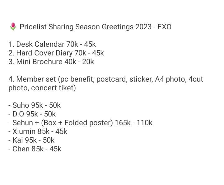 peachyyjaev's tweet photo. OPEN SHARING SEASON GREETINGS 2023 / SG23 - EXO  

✅ Inc Ems Tax 
✅ Group Order 
✅ Benefit (pob) smstore
✅ BCA, Dana, Shopeepay, CO 🍊 pylter

🏠 Malang, Jawa Timur

#pjv_preorder https://t.co/QgPSIVHGdG