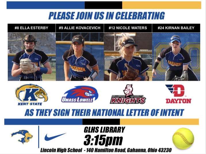 Gahanna Lincoln Lions Softball (@glhssoftball) on Twitter photo 4 D1 commits signing this afternoon! 3:15pm in the GLHS Library @UlreyThisWeek <a href="/GLHS_Athletics/">Gahanna Lincoln Athletics</a> <a href="/GahannaJeffersn/">Gahanna-Jefferson</a> <a href="/ExtraInningSB/">EXTRA INNING SOFTBALL</a> @Los_Stuff <a href="/B_Callihan1/">Brayden Callihan</a> <a href="/deucebailey24/">Matt Bailey</a> <a href="/SportsPicsOhio/">Central Ohio Photo</a> <a href="/LincolnLiveTV/">Lincoln LIVE</a> <a href="/GLHSLions/">Gahanna Lincoln HS</a> @StriveSoftball <a href="/jessicaslocum3/">Jessica Williams</a> 4 D1 commits signing this afternoon! 3:15pm in the GLHS Library @UlreyThisWeek <a href="/GLHS_Athletics/">Gahanna Lincoln Athletics</a> <a href="/GahannaJeffersn/">Gahanna-Jefferson</a> <a href="/ExtraInningSB/">EXTRA INNING SOFTBALL</a> @Los_Stuff <a href="/B_Callihan1/">Brayden Callihan</a> <a href="/deucebailey24/">Matt Bailey</a> <a href="/SportsPicsOhio/">Central Ohio Photo</a> <a href="/LincolnLiveTV/">Lincoln LIVE</a> <a href="/GLHSLions/">Gahanna Lincoln HS</a> @StriveSoftball <a href="/jessicaslocum3/">Jessica Williams</a>