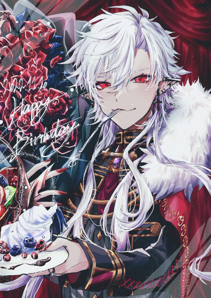 kuzuha (nijisanji) male focus 1boy red eyes pointy ears solo jewelry flower  illustration images