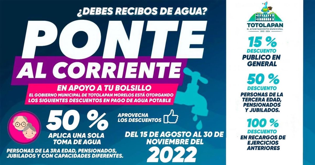 sergio_livera's tweet photo. ¡𝐄𝐬 𝐞𝐥 𝐮́𝐥𝐭𝐢𝐦𝐨 𝐦𝐞𝐬 𝐝𝐞 𝐝𝐞𝐬𝐜𝐮𝐞𝐧𝐭𝐨❗️ 📢

#PonteAlCorriente 🚿 En apoyo a tu economía, el Ayuntamiento de #Totolapan tiene para ti descuentos en el pago de servicio de #AguaPotable.

📆 Vigencia al 30 de noviembre del 2022 https://t.co/p9akeeG50Z