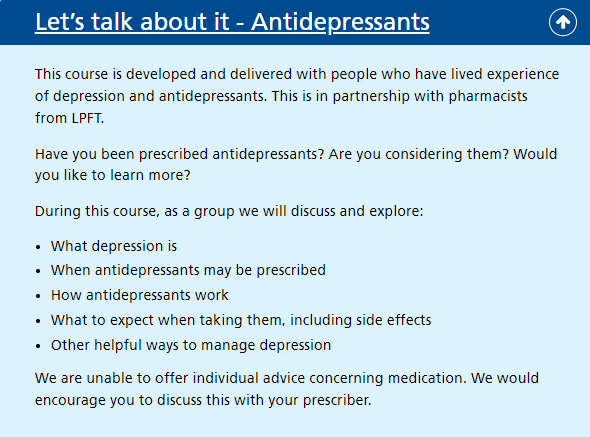 AmyLPFT1's tweet photo. #lincsrecoverycollege 
FREE mental health, recovery &amp; wellbeing education for 16+ 

Let's talk about it - Antidepressants 
Wed 16 Nov 
10-11.30am 
MS Teams

 https://t.co/5ExbgQgF8O 

We are joined by a mental health pharmacist to explore this topic. 

#lincsconnect @LPFTNHS https://t.co/8BUokHGDp5