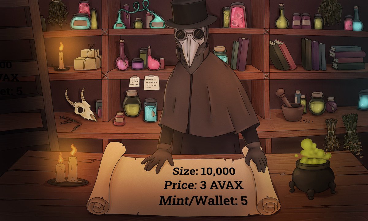 PlagueGameNFT's tweet image. Soon we will welcome 10,000 Plague Doctors

🧪 Plague Doctor Price: 3 AVAX 
🧪 Mints/Wallet: 5
🧪 Potion Price: FREE (Airdropped 1:1 to holders)

10 winners will share 70% of the total primary sale

#plaguegame