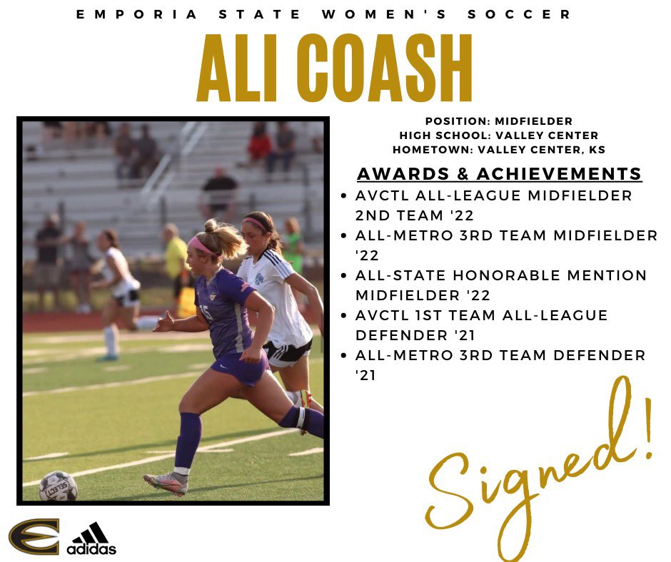 ESU_WoSoccer's tweet photo. Excited to welcome Ali Coash to the Hornet Family 🐝⚽️ Ali is a midfielder from Valley Center, KS! #StingersUp #NationalSigningDay @ali_coash https://t.co/EC8t7QiwN8