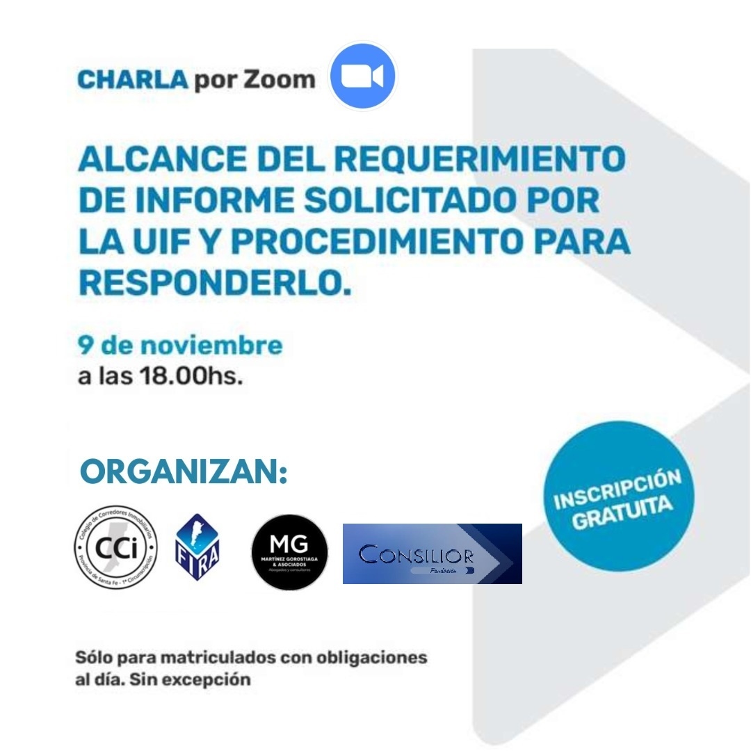 FIRA_Arg's tweet photo. 👉  HOY 18 hs. charla sobre: 
“El alcance del requerimiento del informe de la UIF y el procedimiento para responderlo.”
👉 INSCRIPCION SIN CARGO: 
📍*whatsapp:* https://t.co/S30PIdYAFV
📍*email:* corredoresinmobiliariosstafe@gmail.com
👉 Plazo límite de inscripción: HOY 14hs. https://t.co/t52DqUvMXc