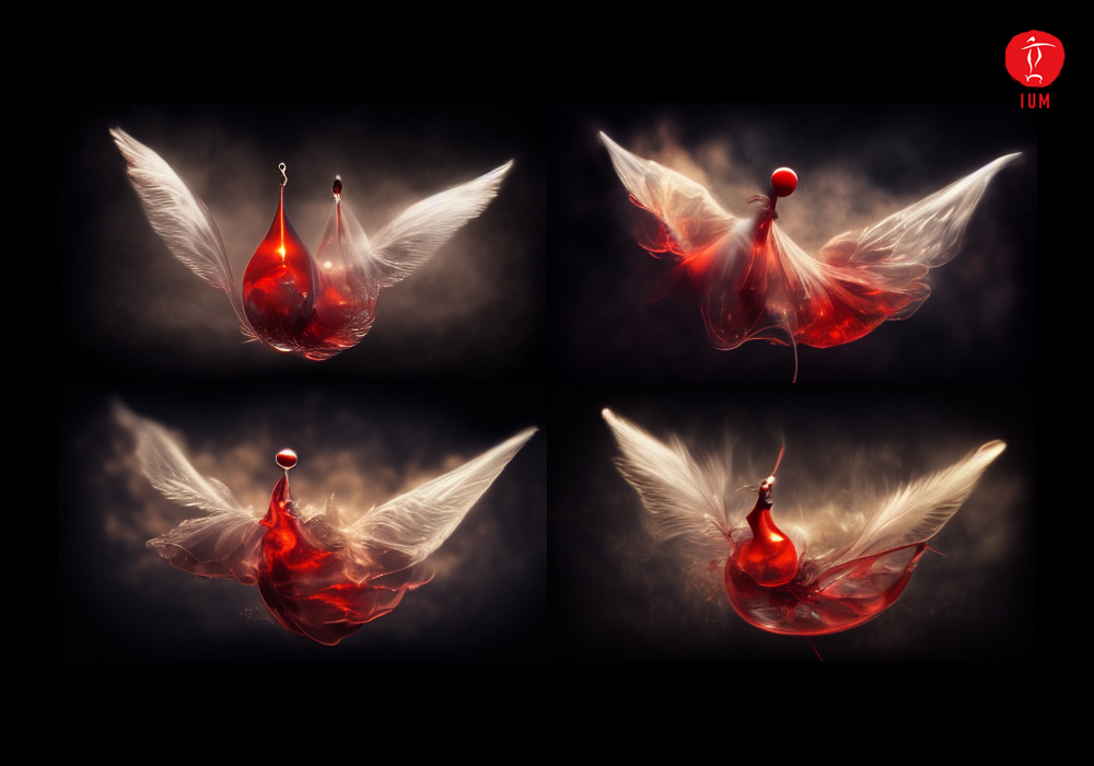 [IUM's NFT Art work in progress] 
My latest work uses AI to visualize the imagination of Jesus' blood.
The Holy Spirit, in the shape of an angel's wing, removes the red blood from the cross, which purifies the hearts of those hardened by sin.
#midjourney #NFTart #AIart #TheBlood