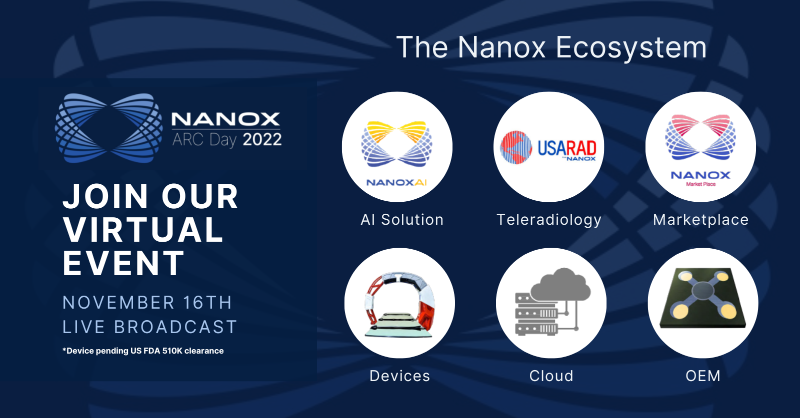 nanox_vision's tweet photo. Today is #ARCDay. Join us at 9:30am ET for the live broadcast demonstration of the #Nanox ecosystem. Register here: https://t.co/o3UpDXppt4 #populationhealth #livedemo