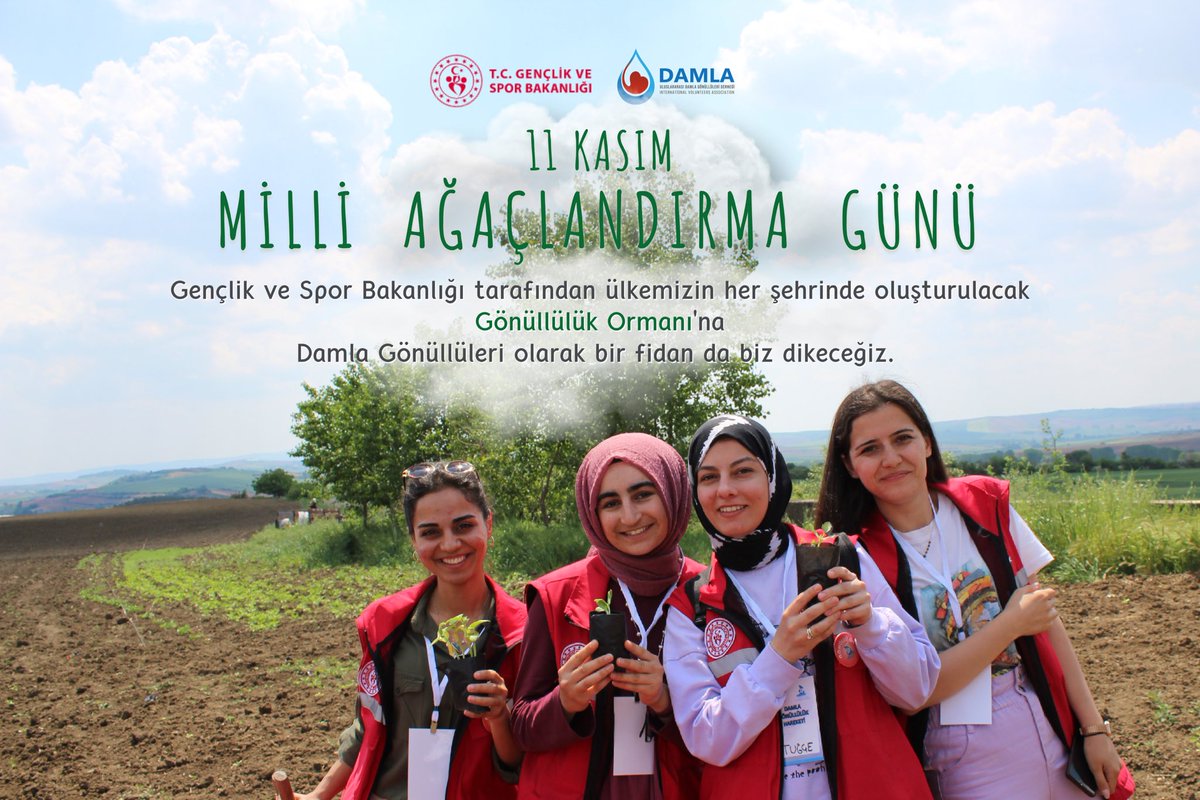 DamlaVolunteers's tweet photo. 11 Kasım Milli Ağaçlandırma Gününde
Gençlik ve Spor Bakanlığı tarafından 81 il müdürlüğü koordinesinde oluşturulacak Gönüllülük Ormanı’na Damla Gönüllüleri olarak bir fidan da biz dikeceğiz!🌳 https://t.co/z5kb944kwe