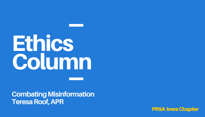 PRSAIowa's tweet photo. As issues arise, the PRSA Board of Ethics &amp; Professional Standards provides guidance with the Code of Ethics. PRSA Board of Directors announces these guidelines in an Ethical Standard Advisory. 

This month’s ethics column focuses on ESA 21-Misinformation. https://t.co/xDnjOgHzGA https://t.co/qEk73OoXHW