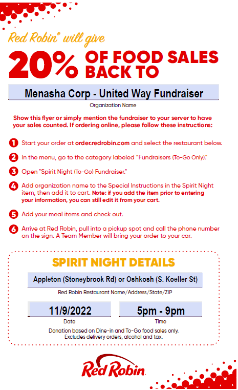 United Way FoxCities (@unitedfoxcities) on Twitter photo Youāre invited to <a href="/menashacorpnews/">Menasha Corporation</a> Spirit Night Fundraiser from 5-9 p.m. 11/9/22 at Red Robin in Appleton or Oshkosh. Order to-go or dine in and 20% of all food sales during Menasha Corporationās Spirit Night Fundraiser will be donated to the United Way Fox Cities. Youāre invited to <a href="/menashacorpnews/">Menasha Corporation</a> Spirit Night Fundraiser from 5-9 p.m. 11/9/22 at Red Robin in Appleton or Oshkosh. Order to-go or dine in and 20% of all food sales during Menasha Corporationās Spirit Night Fundraiser will be donated to the United Way Fox Cities.